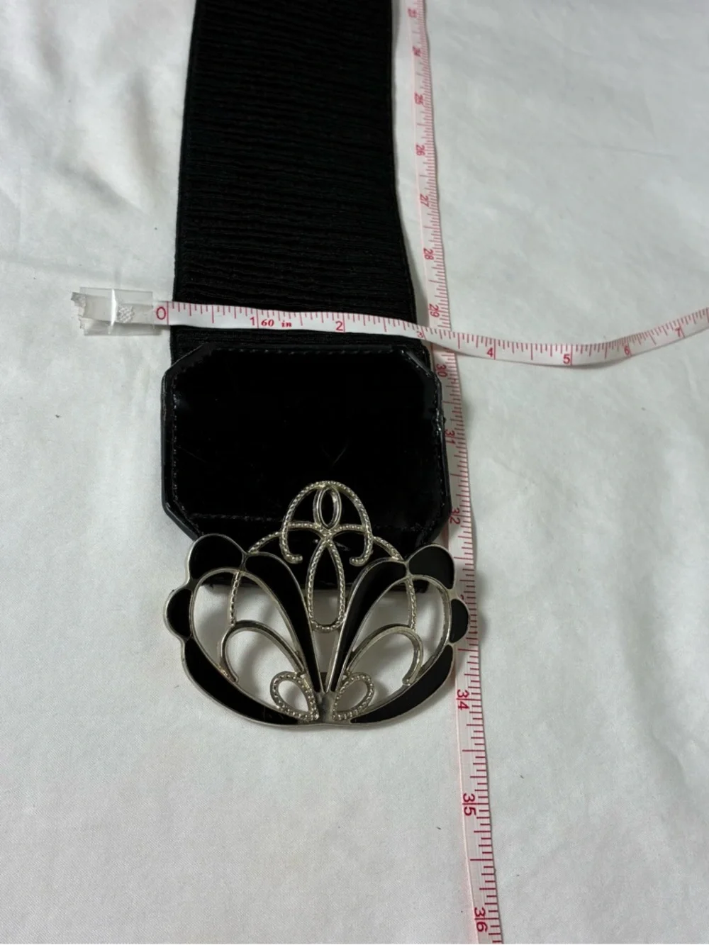Plus Size 2XL Black Patent Elastic Waist Belt with Silver Butte Filigree Buckle